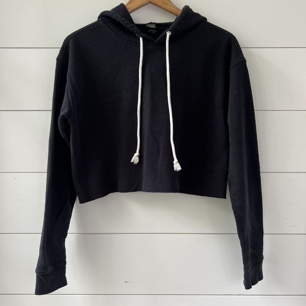 Cropped Black Hoodie Sweatshirt Cotton Blend Women's Small